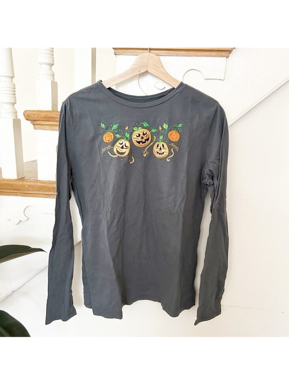 Pumpkin Embroidery Long Sleeve Gray Shirt Cotton Sequin Halloween Top L 12/14
